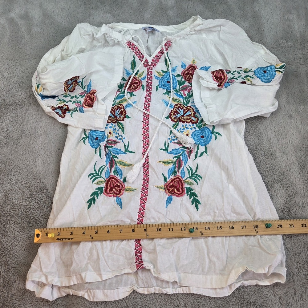 Sunny Oceans Women Top White Cotton‎ Floral Embroidered 3/4 Sleeve Tassels India